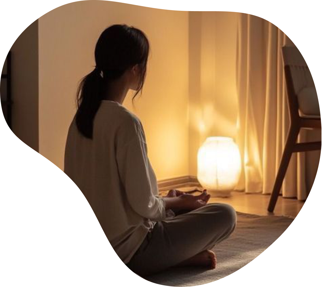 A person sitting cross-legged on the floor in quiet meditation, lit by warm candlelight