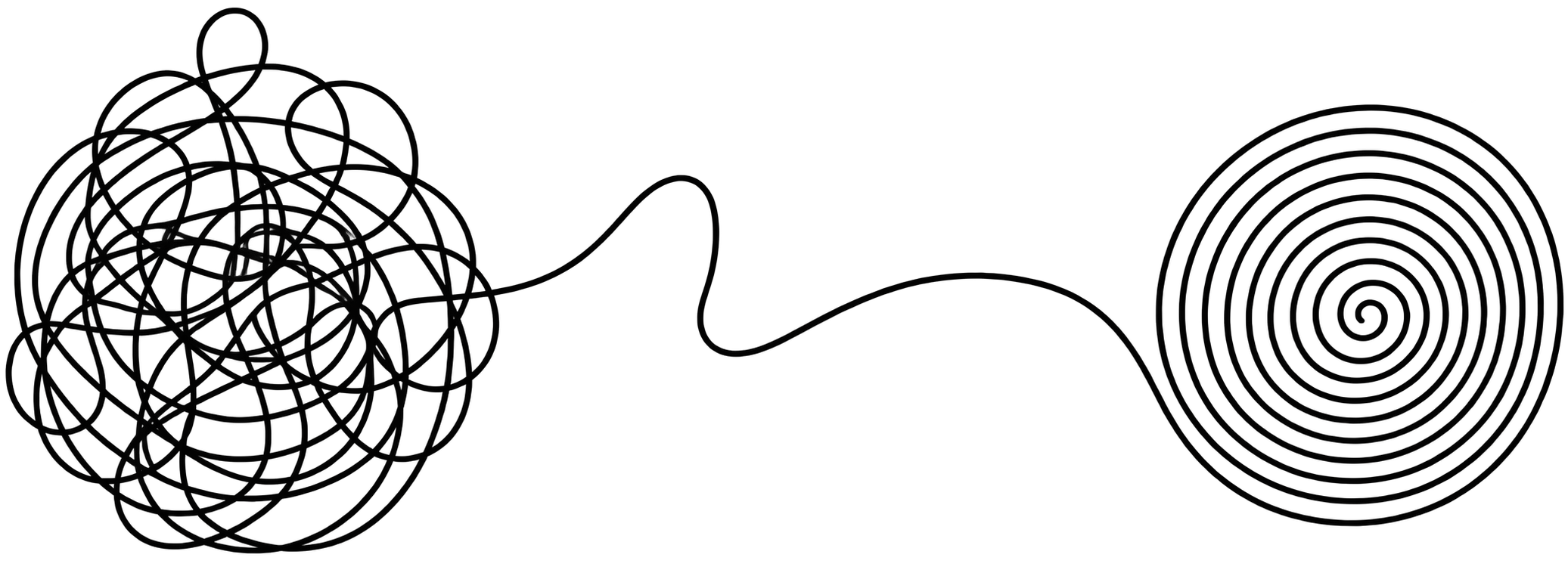 Illustration of a tangled line unwinding into a calm spiral, symbolizing the journey from chaos to clarity