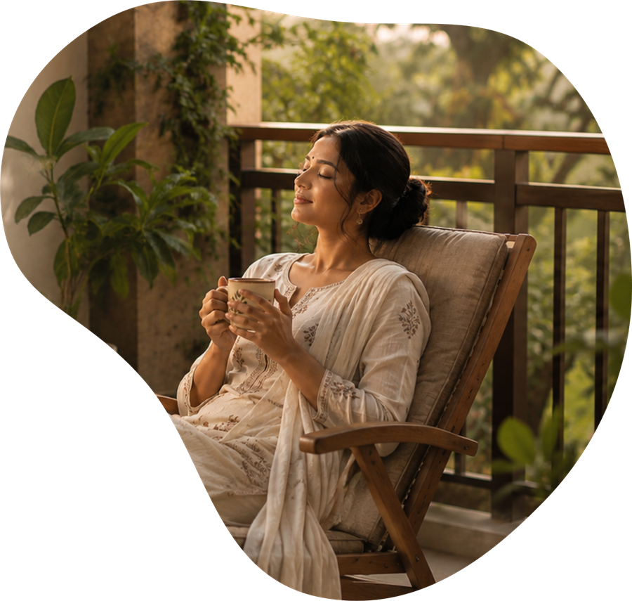 Woman relaxing on a plant-filled balcony with a cup of tea, representing calm and healing